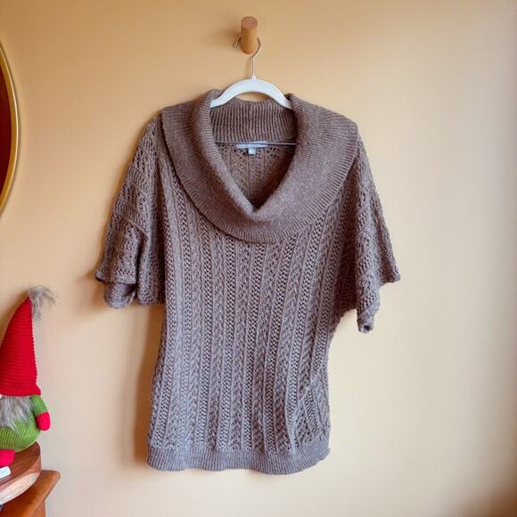 Macy's NY Collection Taupe Short Sleeve Open-Knit Cowl Neck Sweater 🩶 - Picture 1 of 5
